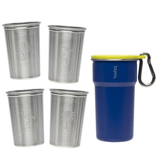 bzyoo 5-Piece Nesting Camping Cups Set - 9oz Stackable Stainless Steel Mugs with Patterned Designs & Integrated Carry Hook, Space-Saving Portable Outdoor Mess Kit for Family Hiking, Backpacking & RV