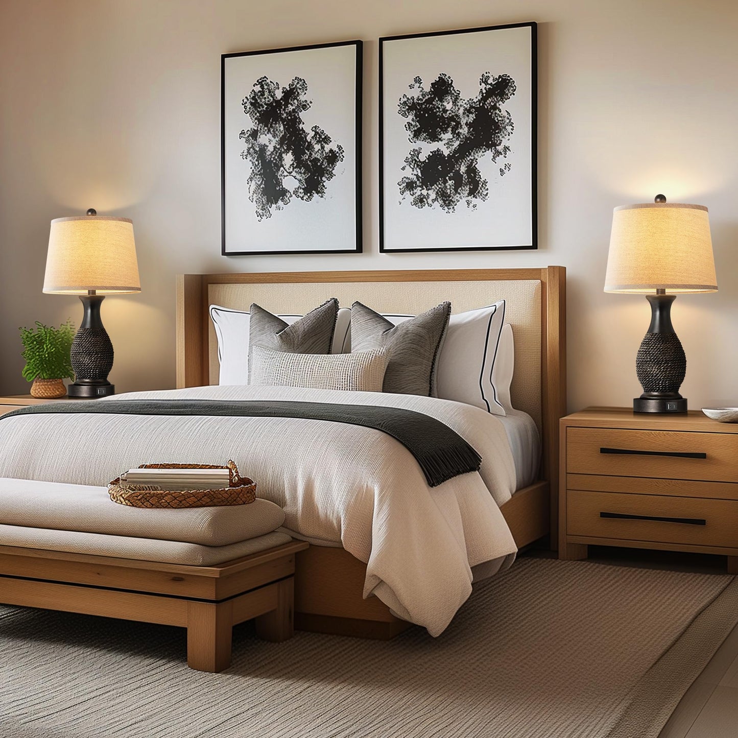 PARTPHONER Table Lamps Set of 2, Bedside Touch Lamp with USB C+A Charging Ports, Side Table Lamp with Linen Fabric Shade (LED Bulbs Included), Black with Gold Accents