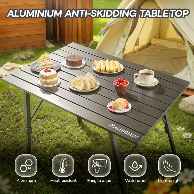 SCLERQUEST Portable Lightweight Aluminum Camping Table Adjustable Height Roll Up Design for BBQ, Beach, Camping Travel, Foldable Compact Table for Picnic Tent Outdoor