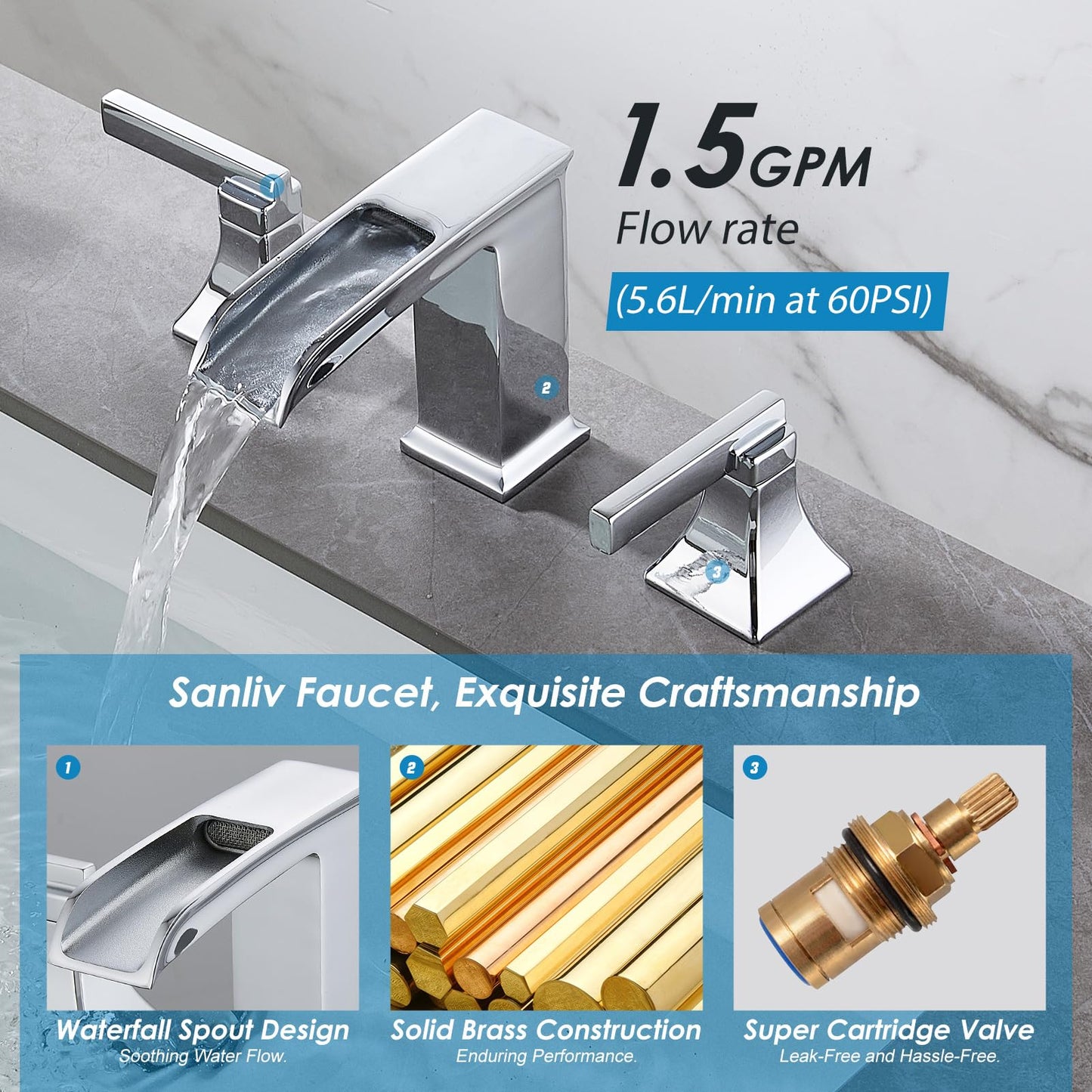 Chrome Bathroom Sink Faucet,Sanliv 3-Piece Widespread Bathroom Faucets for 3-Hole Sinks 4-8 inch,2-Handle Waterfall Vanity Faucet with Drain Assembly,Polished Chrome