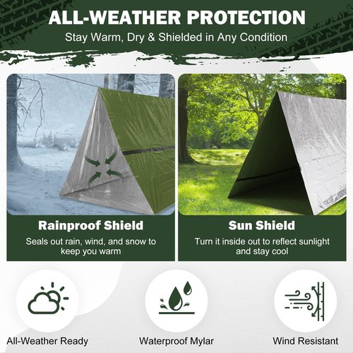 Life Emergency Tent Survival Shelter - 2 Person Mylar Emergency Shelter Tube Tent, All-Weather Survival Kit for Outdoor Camping & Bug Out Bag Gear with Whistle & Paracord