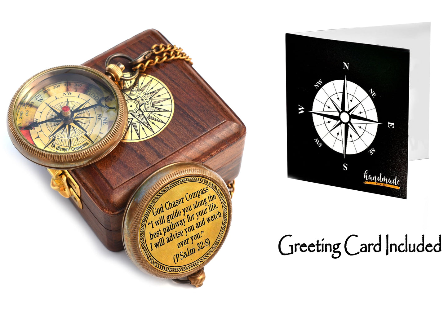 Christian Brass Compass (Psalm 32:8) with Display Box - Engraved Scripture Prayer Compass for Men & Women - Baptism, Confirmation, Communion & Graduation Gift