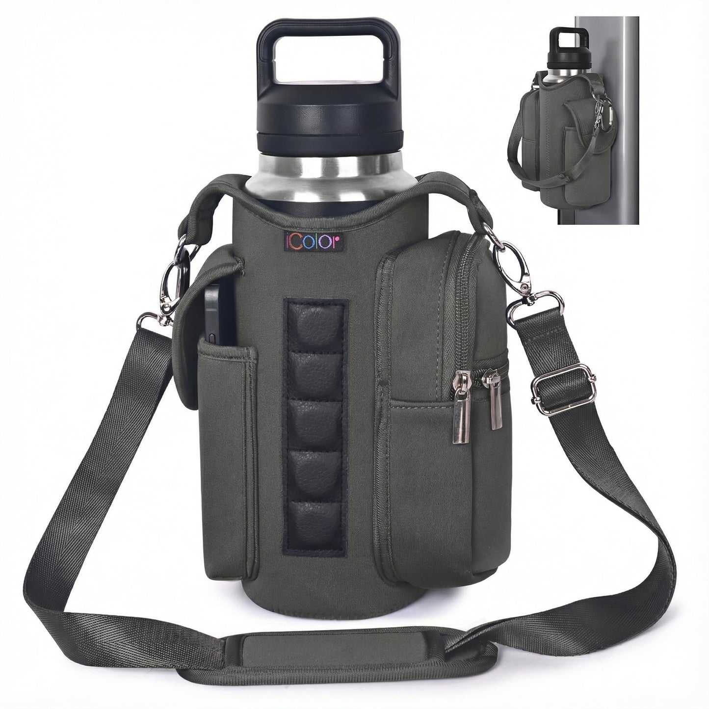 icolor Magnetic Gym Bag Water Bottle Holder Carrier with Phone Pockets & Shoulder Strap Small Gym Bag 5 Built-in Magnets Gym Accessories Organizer Magnetic Bottle Pouch for Men Women (Gray)