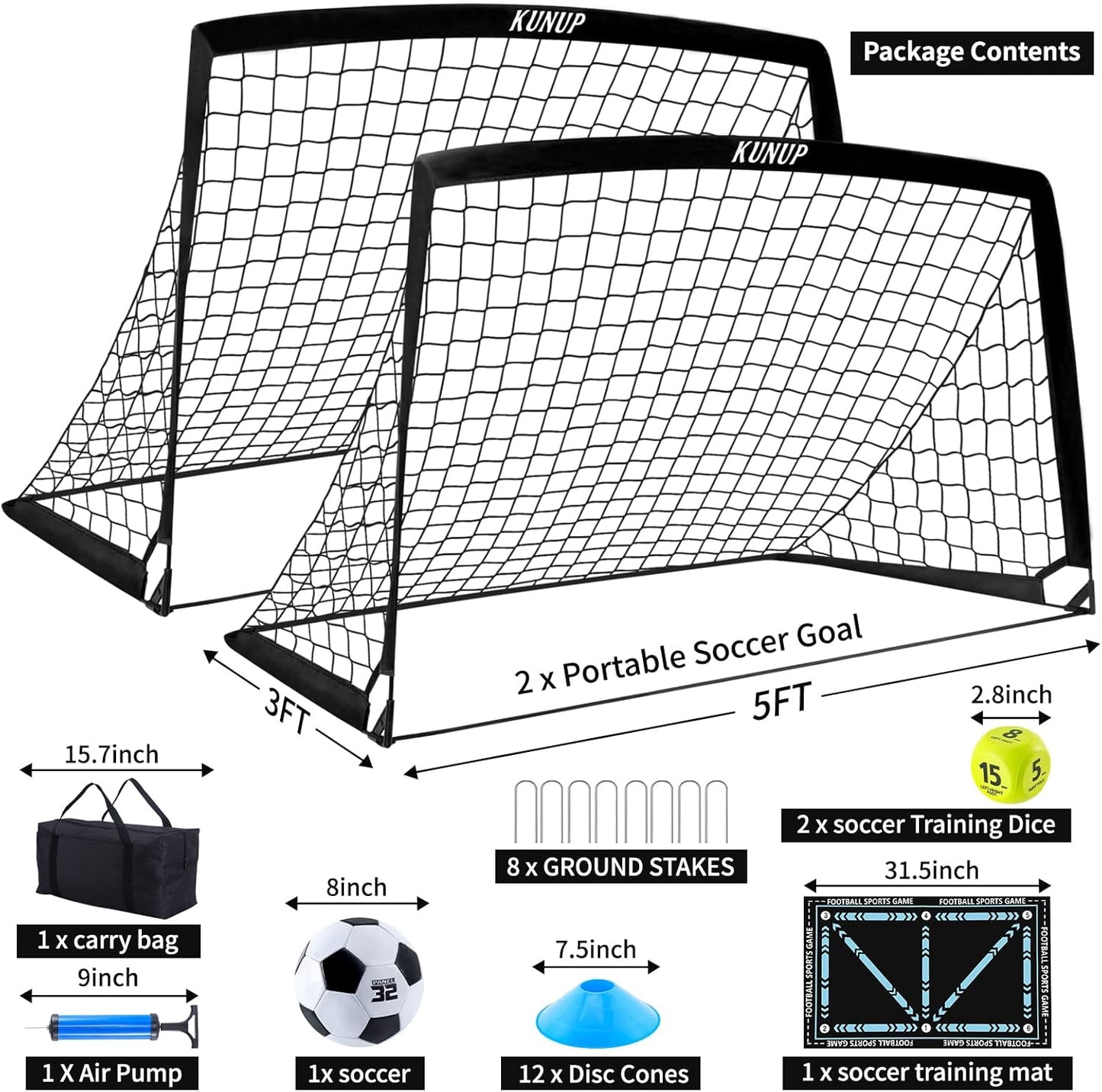 Skiennix Kids Soccer Goals - Portable Foldable Practice Nets with Training Equipment Set | Includes Ball, Dice, Mat, Cones & Carry Bag