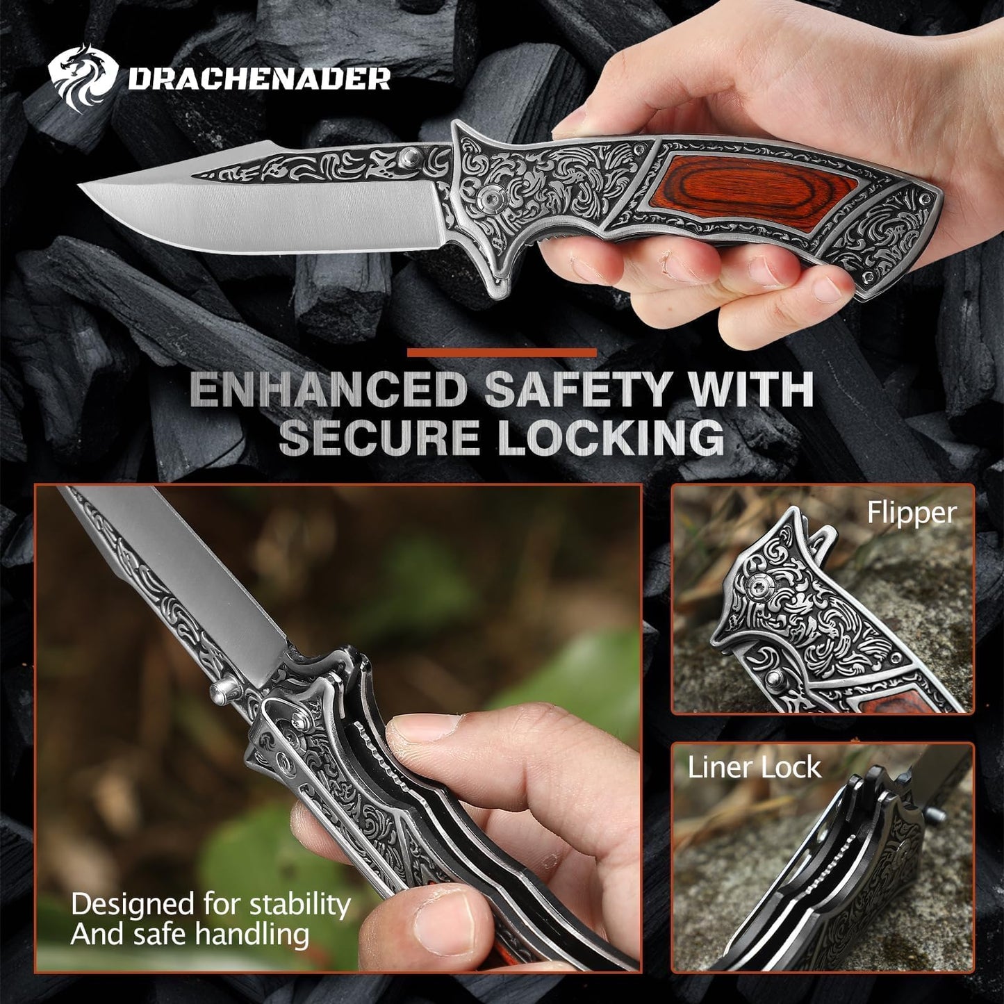 DRACHENADER Pocket Knife with Sheath and Clip, 440C Stainless Steel Folding Knife 3D Retro Embossed Pattern, Gifts Christmas, Birthday, Father's Day (D-J37)