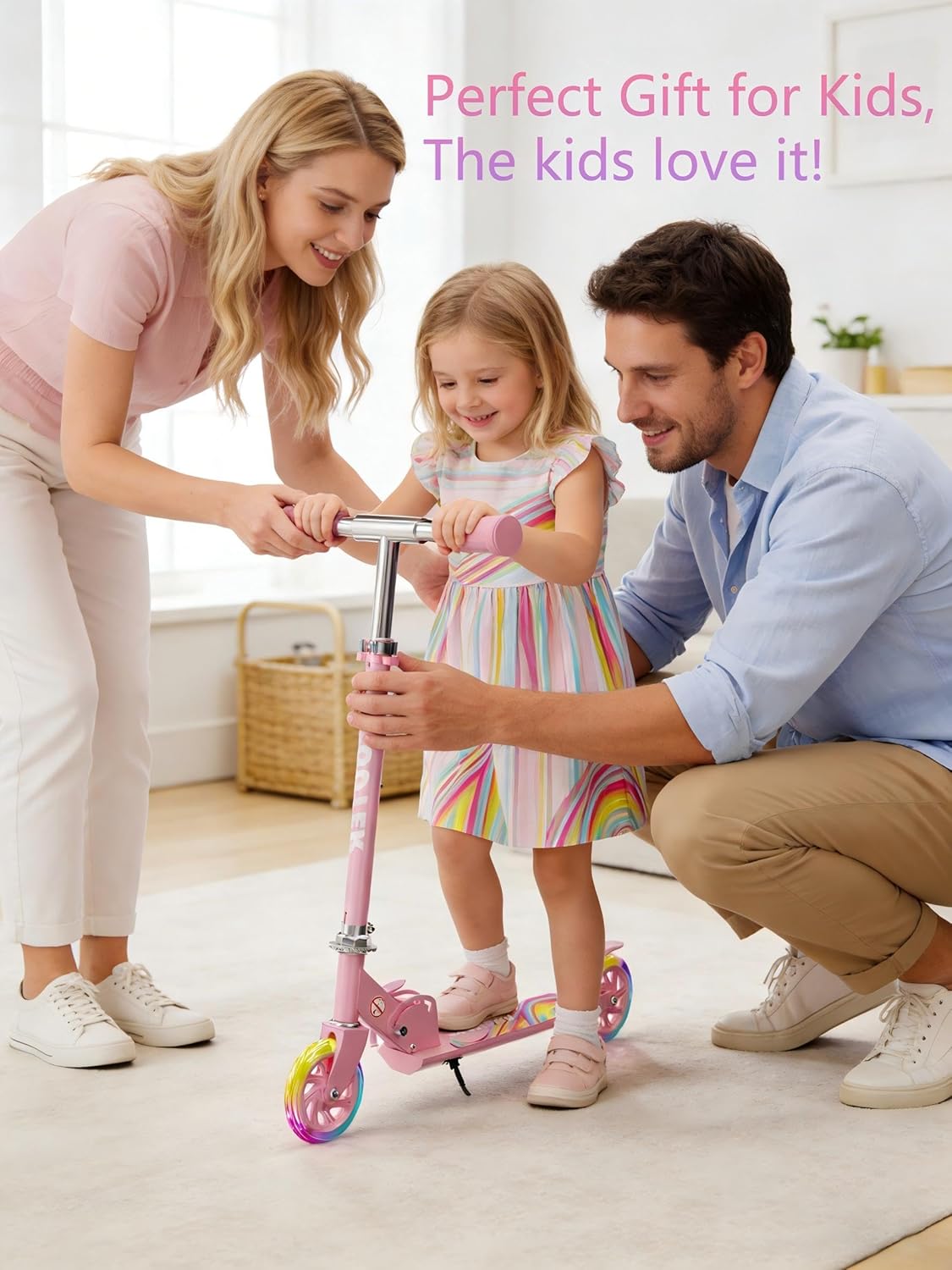 Skiennix Kids Kick Scooter - Adjustable 3-Level Height, Lightweight & Foldable - Pink LED Lights