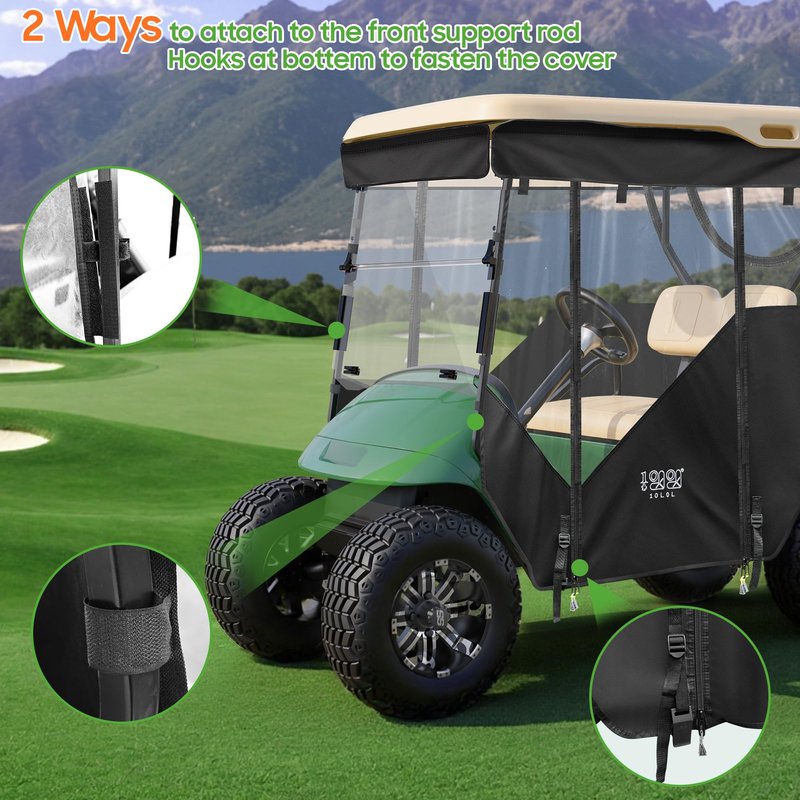 10L0L 3-Side Track Style Golf Cart Enclosure 2 Passenger Fits EZGO TXT & RXV Golf Cart Only, Heavy Duty 600D Waterproof Portable Drivable Golf Cart Storage Cover Enclosure (Track Style Black)