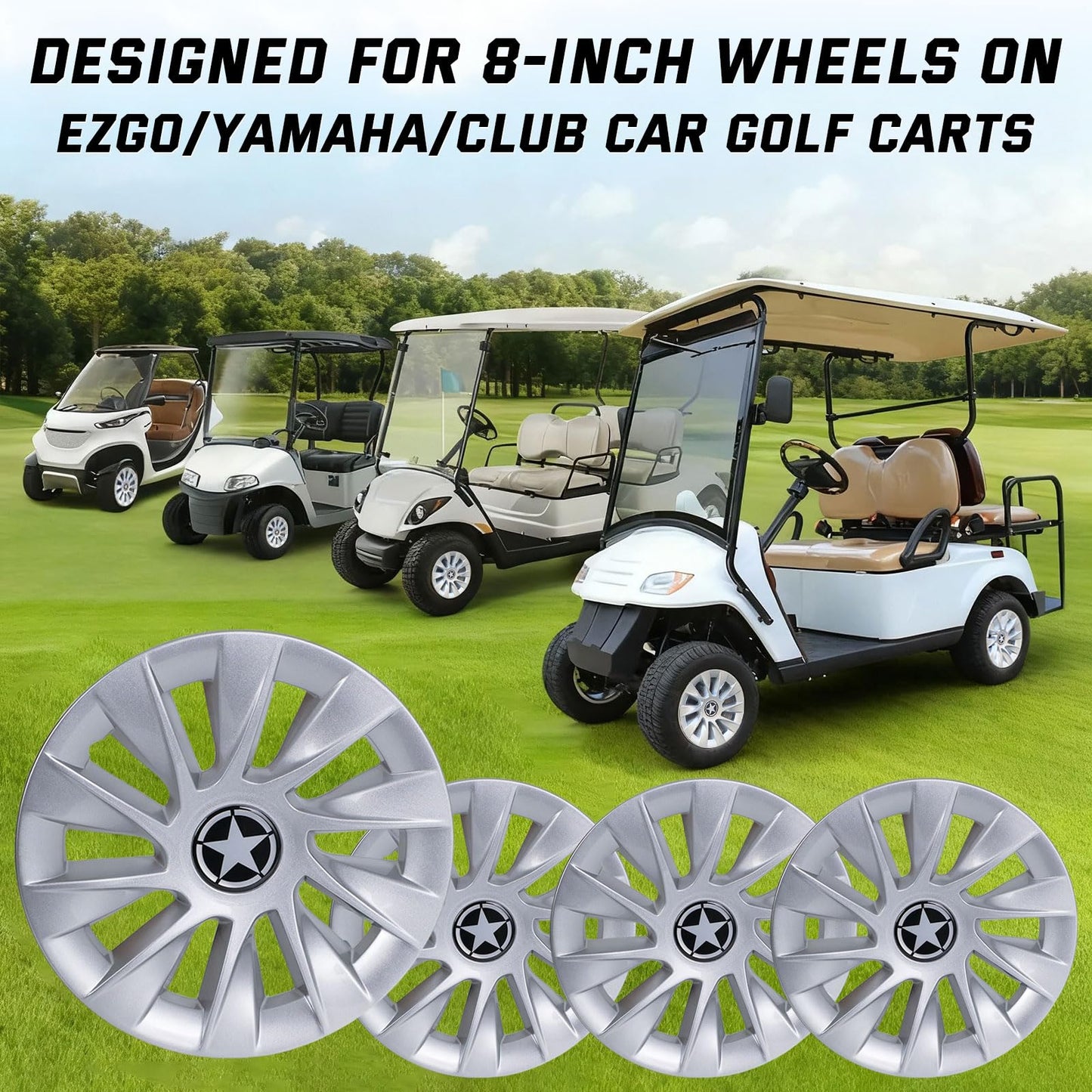 8 Inch Golf Cart Hub Caps Wheel Covers for EZGO Club Car Yamaha Accessories, Snap-On Plastic Hubcaps Set of 4, Silver Chrome Finish for Most 8" Wheels (Silver)