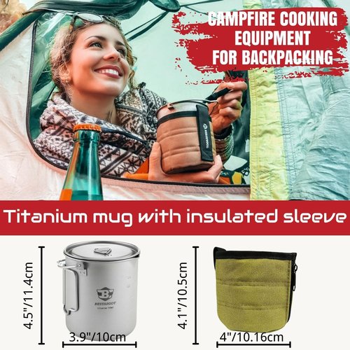Bestargot Camping Titanium Pot, 750ml Outdoor Cup with Insulation Cup Carrier, Titanium Camping Drinkware, 132g Lightweight and Large Capacity