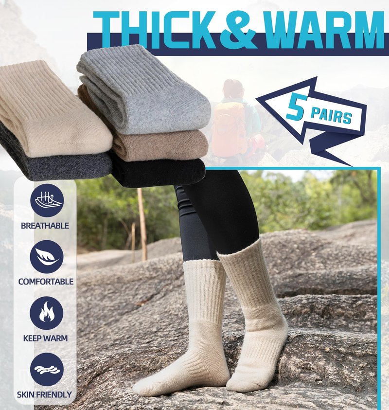 DoSmart Womens Merino Wool Hiking Socks Thermal Warm Walking Boot Winter Crew Cushion Work Socks 5 Pairs(Black/Light Grey/Beige/Khaki/Grey)