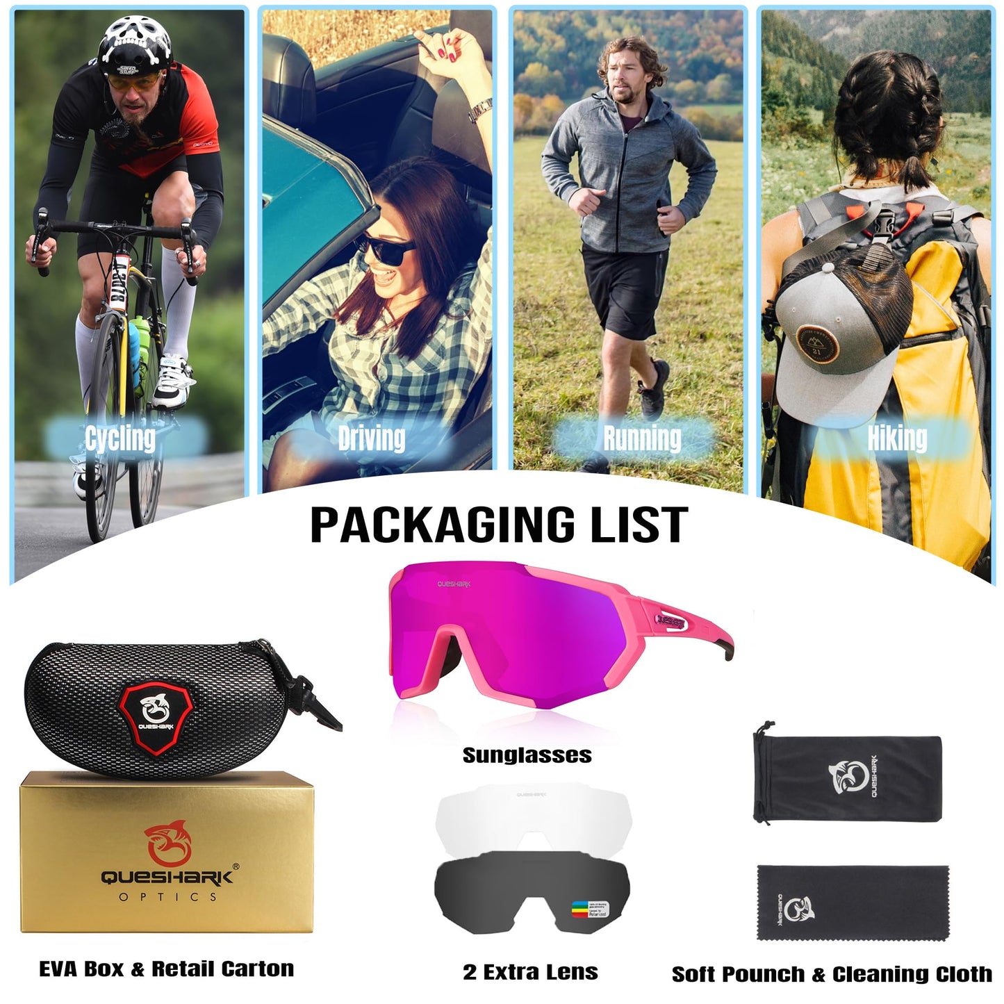 Queshark Cycling Glasses, Sports Sunglasses for Men Women, 1 Polarized 2 HD Lens, Polarized Sunglasses for Cycling Running