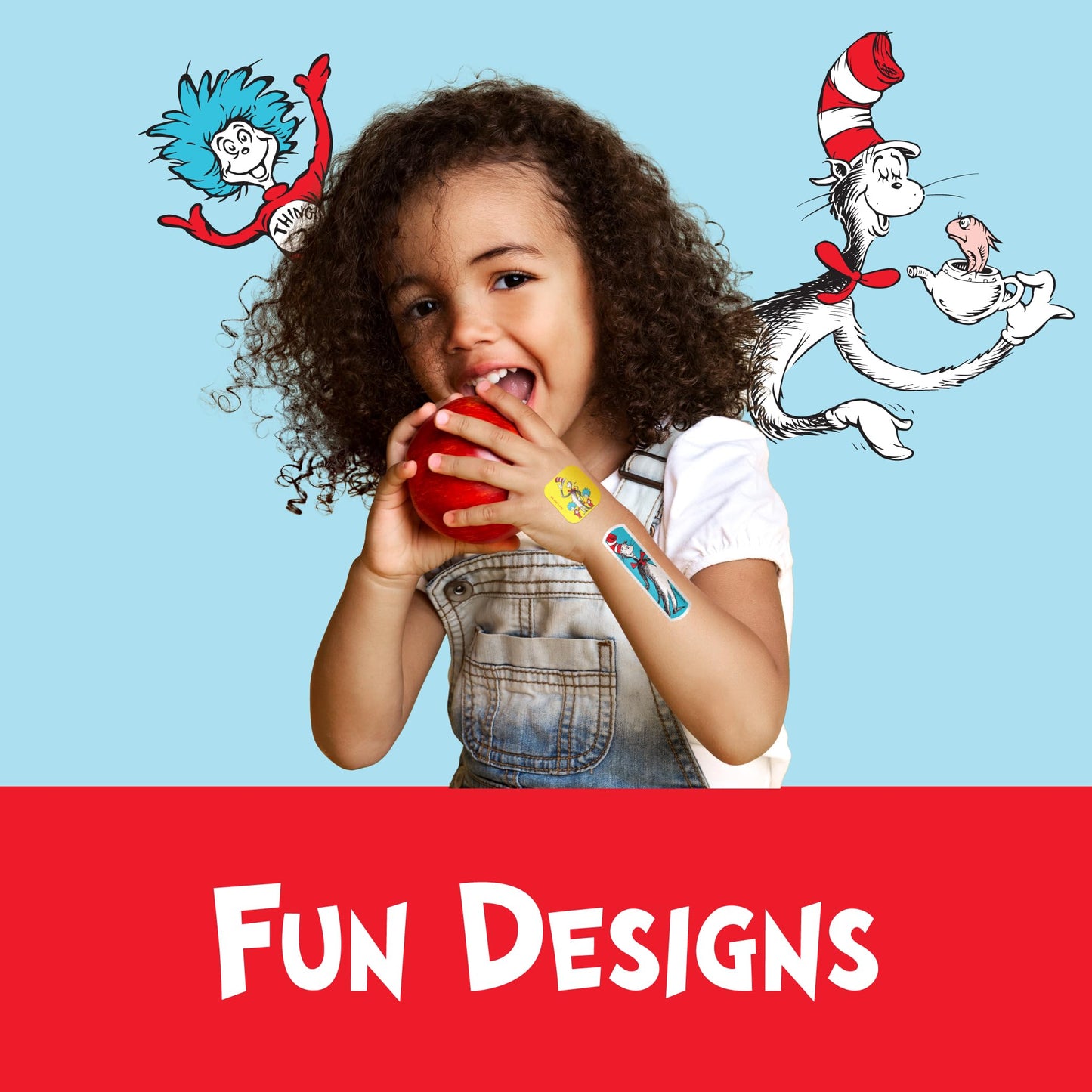 Dr. Seuss Bandages, 3 Assorted Sizes 100 CT | Flexible Adhesive Bandages for Minor Cuts, Scrapes, and Burns. Wear Like Stickers. Great Gift idea for Kids.