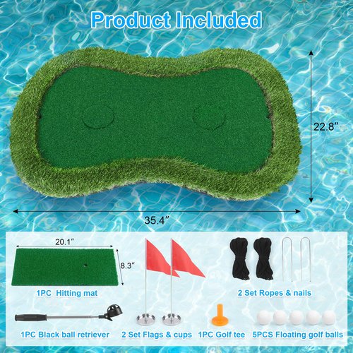 Chriiena Floating Golf Green for Pool/Lake, Floating Chipping Mat with Ball Retriever & Anti-Drift Ropes - Stable Golf Putting Practice Game Set for Golfers (35.4x23.6 in)