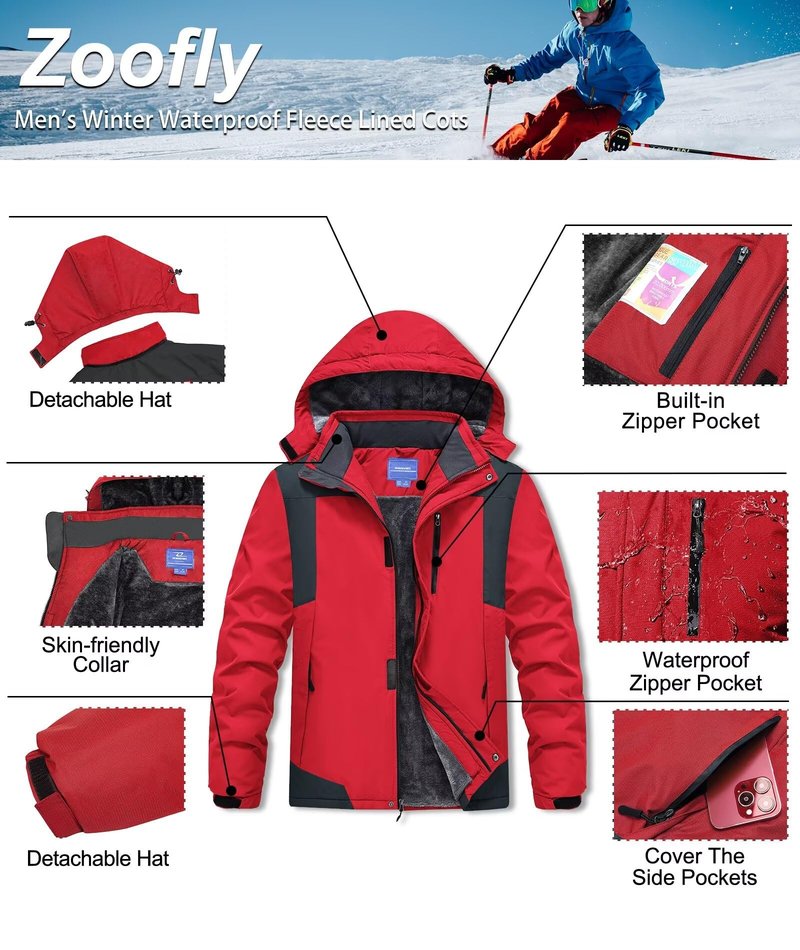 Zoofly Winter Jackets for Men Fleece Lined Wear Resistant Skiing Coats Mens Zipper Pocket Hiking Jacket Thermal Red XL