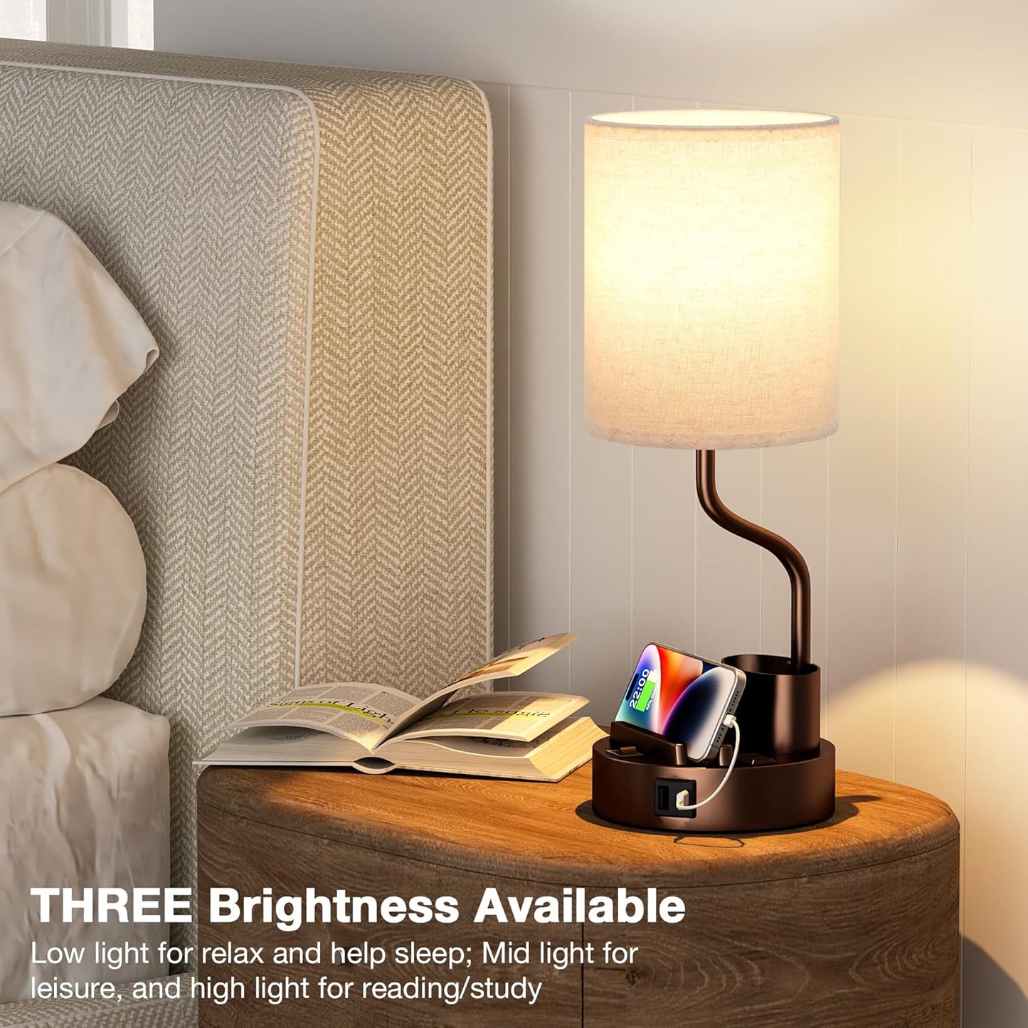 Set of 2 Bedside Table Lamps with USB & AC Outlet - 3 Color Temperatures, Desk Light & Phone Stand for Bedroom, Living Room, Office