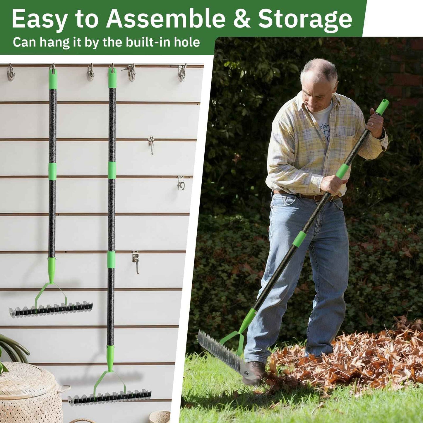 Thatch Rake, 13" Wide Efficient Dethatcher Rake with 55" Adjustable Long Handle, Heavy Duty Steel Metal Dethatching Rakes for Cleaning Dead Grass, Loosening Soil, Lawn Care in Yard Garden