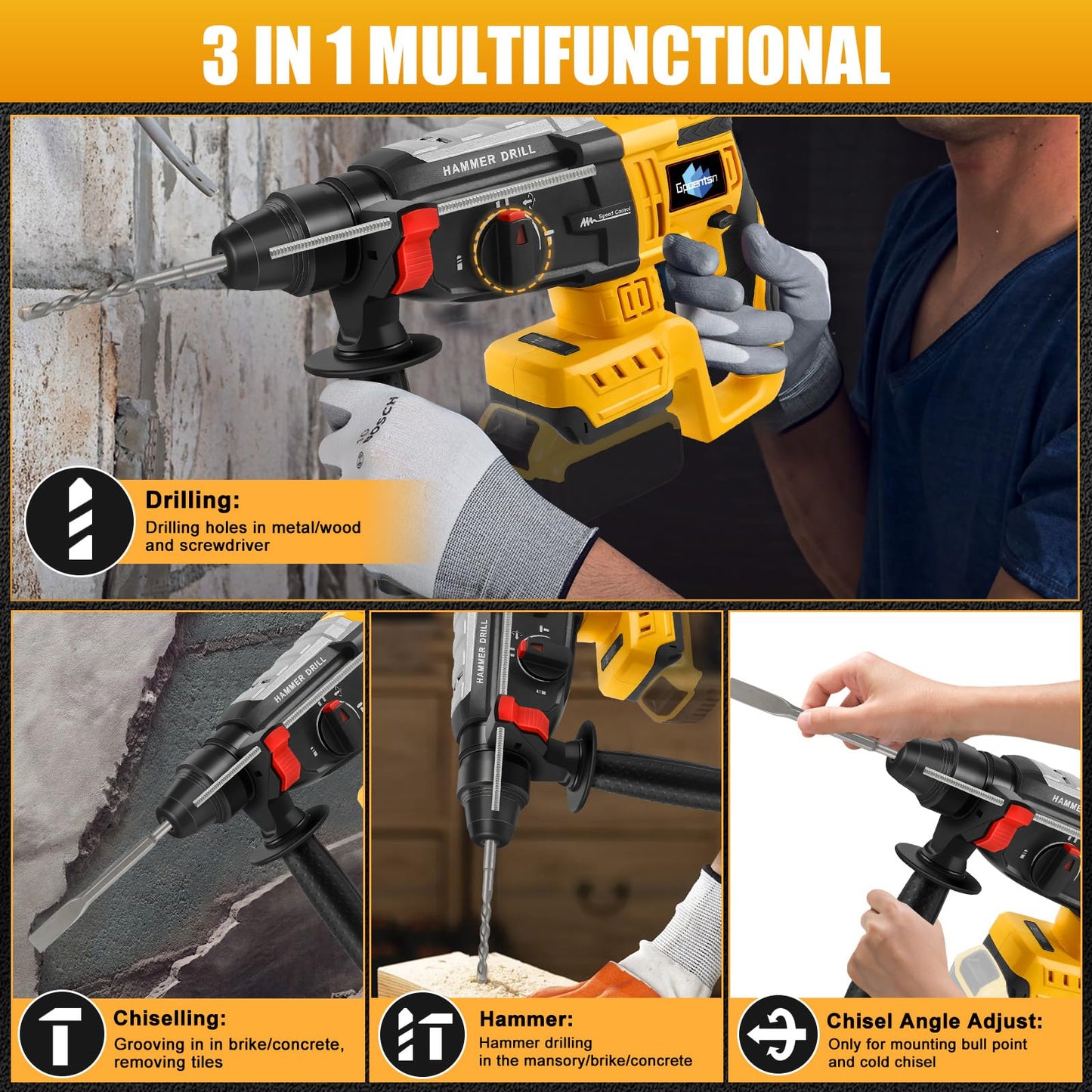 Gpaentsn Cordless Rotary Hammer Drill (Tool Only) Compatible with DEWALT 20V Max | 2.6J Impact | SDS-Plus Chuck | 4-Mode | Brushless Motor (Battery not Included)