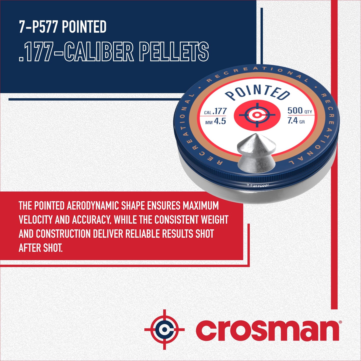 Crosman .177-Caliber Pointed Lead Pellets for Air Rifles and Air Pistols - 500 Count Tin - Lead
