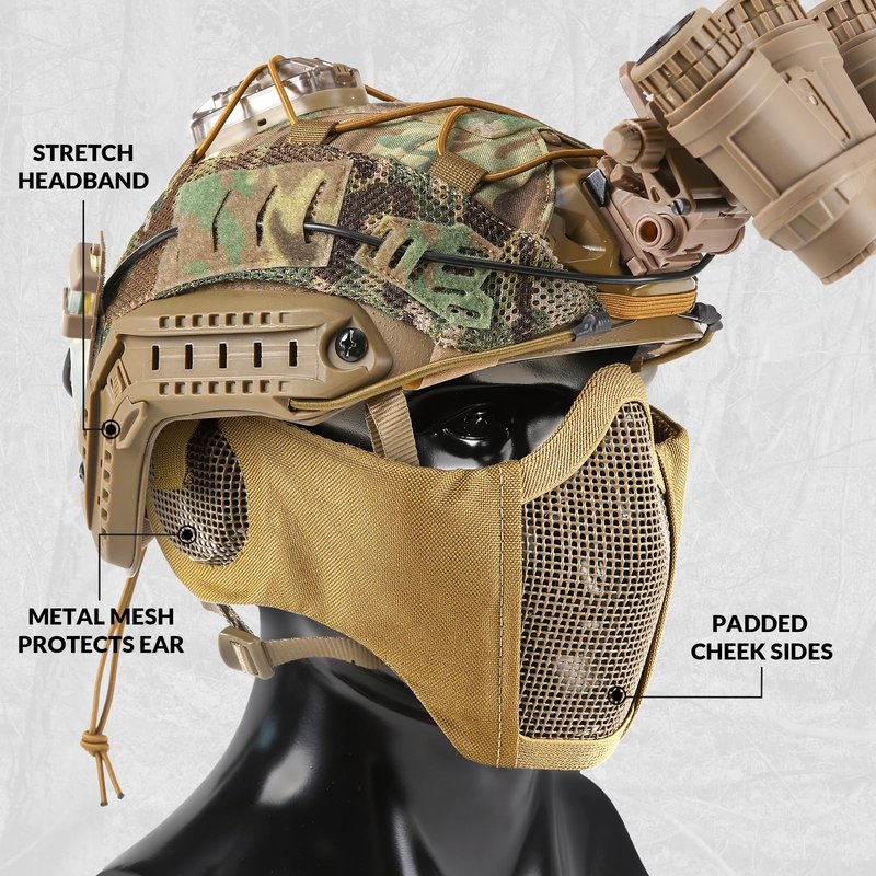 Airsoft Mesh Mask, Tactical Foldable Half Mesh Mask with Ear Protection, Adjustable Military Mesh Mask Lower Face Protective Mask for Airsoft Paintball Shooting Cosplay CS Game (Coyote Brown)