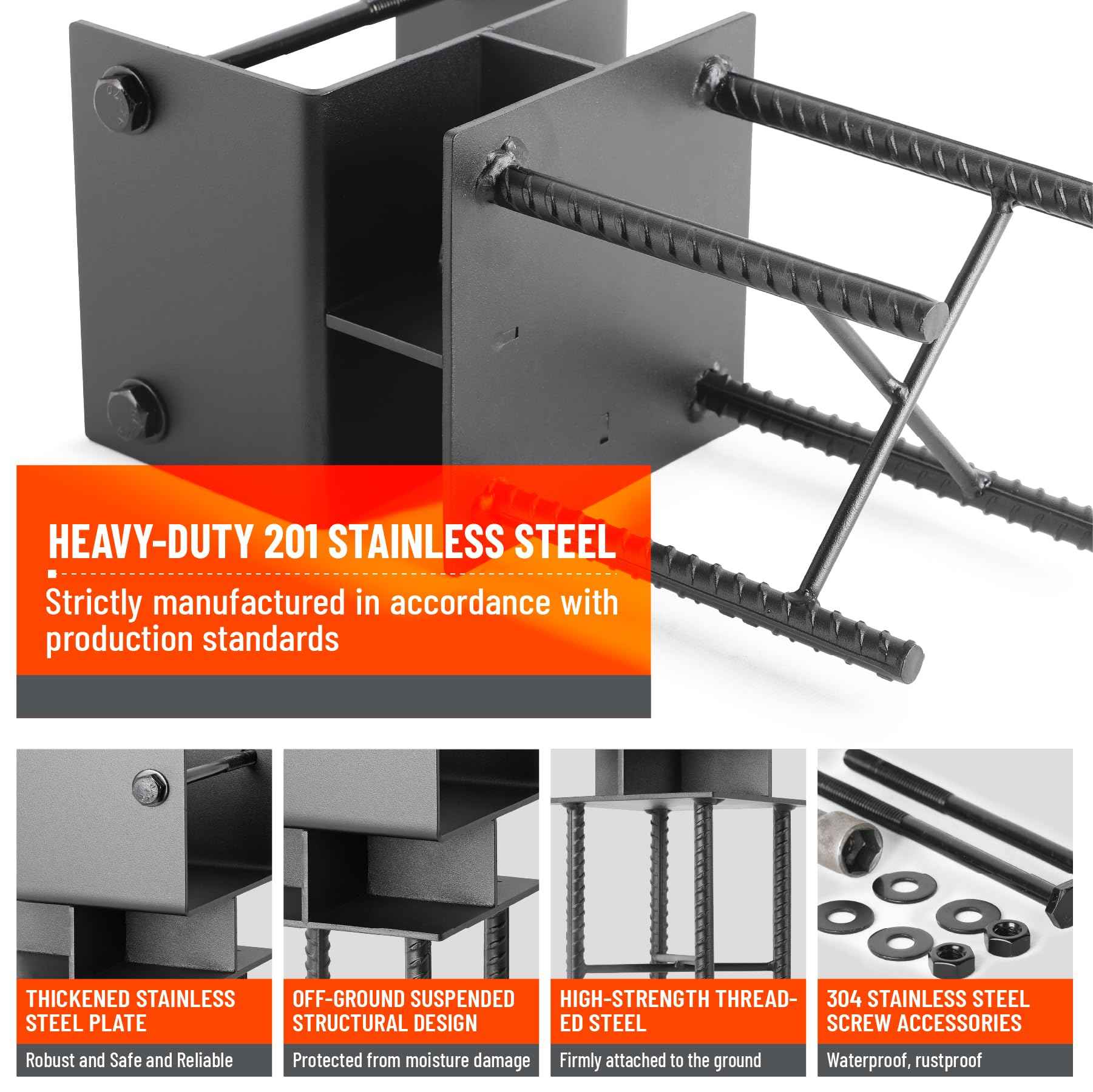 Uphode 1Pack 8"x8"(Actual 7.5"x7.5") Wooden Post Base for Concrete, U-Shape Fence Post Holder Bracket Bracket Black, Wet Set Concrete Post Anchor Stainless Steel