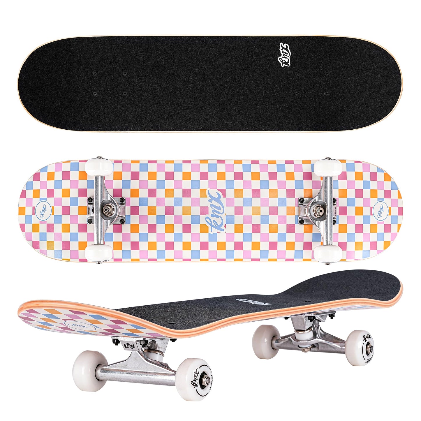 KMX Complete 31" x 8" Skateboard for Beginners, 7-Layer Canadian Maple Double Kick Concave Deck| Aluminum Alloy Trucks | 31 Inch Pro Skate Board for Girls, Kids, Teens, Adults(Pink Checker)