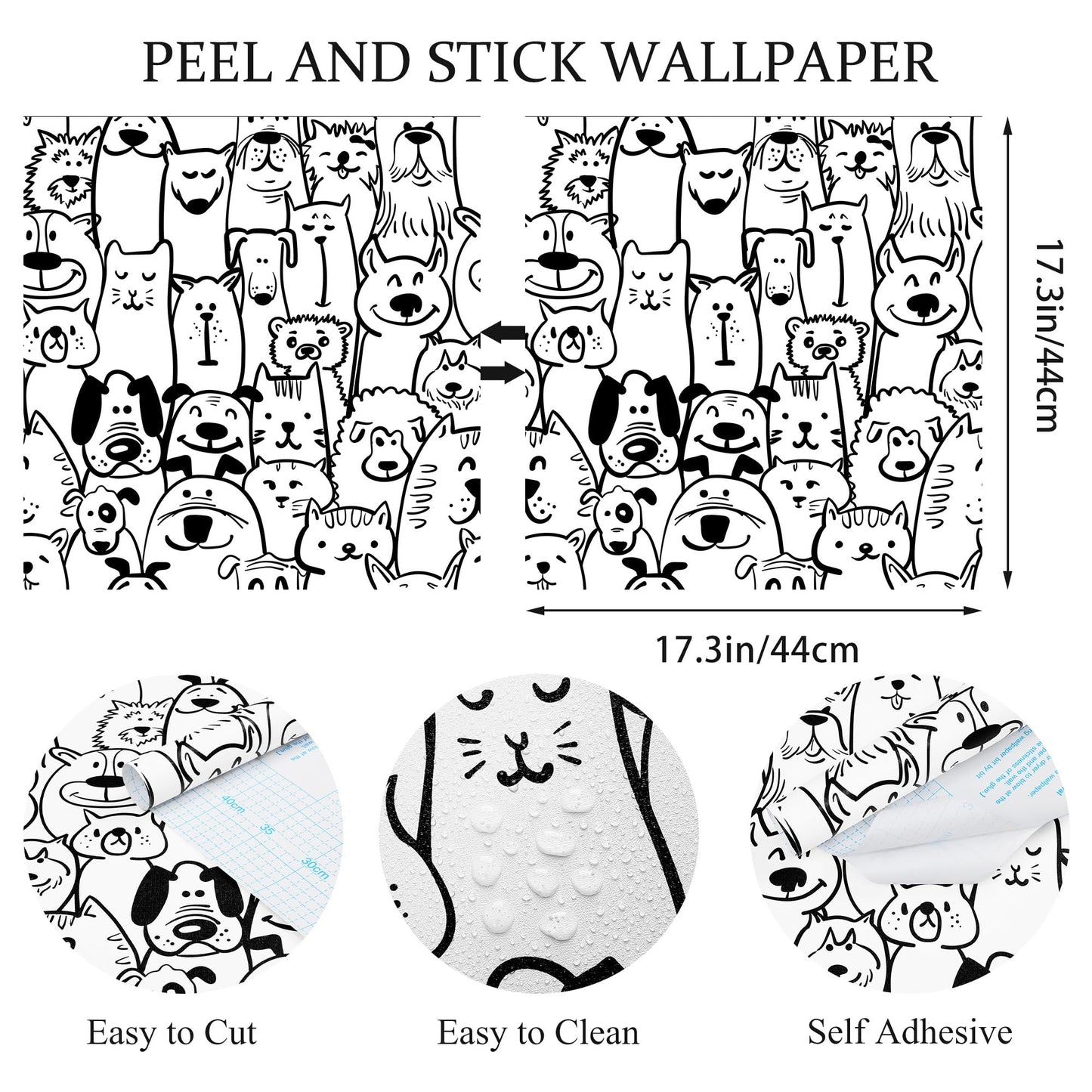 Fiula Peel and Stick Wallpaper Contact Paper Black and White Wallpaper Modern Dog Animal Wall Paper Textured Self Adhesive Removable Wallpaper for Nursery Kids Room Shelf Liner Vinyl Roll 78.7"x17.3"