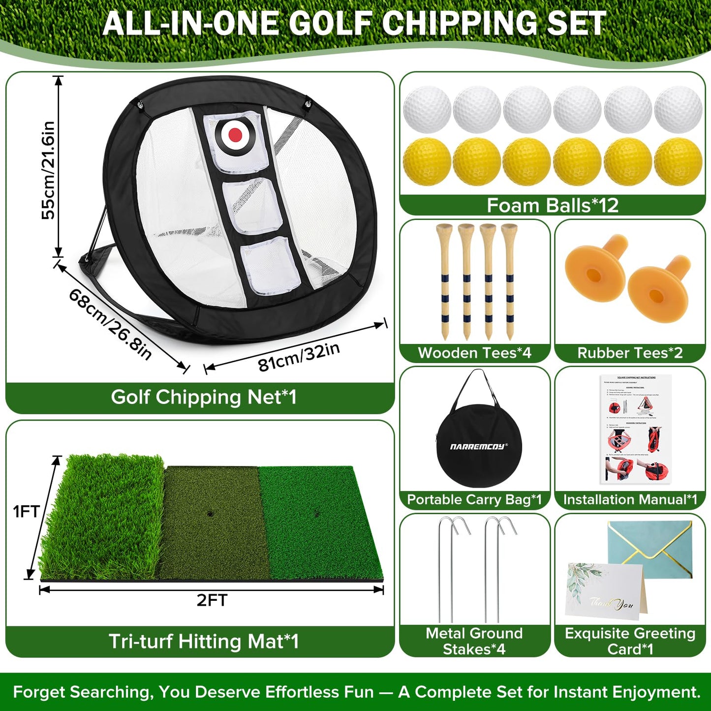 Narremcoy Golf Chipping Net with Tri-Turf Hitting Mat Set - Foldable Practice Target, 12 Foam Balls & 6 Tees in Carry Bag - Indoor Outdoor Backyard Golf Precision Training Gift & Aid for Beginners