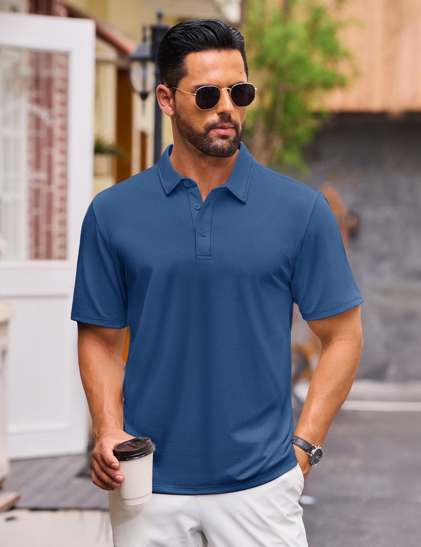 Cotrasen Polo Shirts for Men Cotton Pique Short Sleeve T-Shirts 3 Buttons Classic Fit Casual Athletic Performance Golf Tee Shirts Blue Gray L