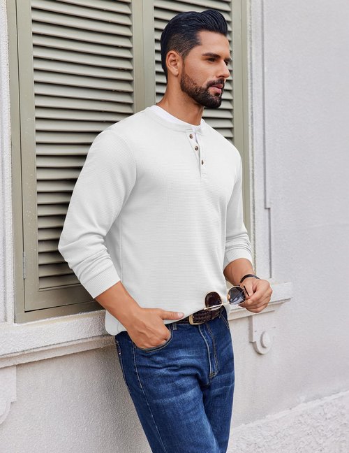 Ekouaer Mens Henley Long Sleeve Shirts Waffle T-Shirt Lightweight Thermal Undershirts White M
