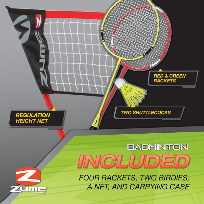 Zume Games Portable Badminton Set – 4 Rackets, 2 Shuttlecocks, Freestanding Net, and Carrying Case – Quick Setup Outdoor Game for Backyard, Beach, Camping, and Family-Friendly Activities