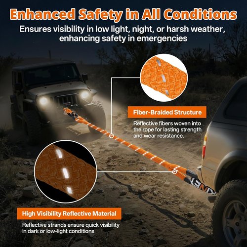 Kinetic Recovery Tow Rope - Heavy Duty 30FT Snatch Strap Kit | 55000LBS Capacity, Reflective Design - Orange