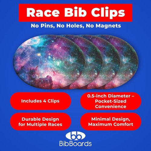 bibSNAPS Race Bib Clips - Secure Fasteners for Running & Cycling - Non-Magnetic, Soft & Reusable - Galaxy (4pcs)