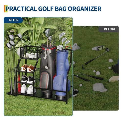 GarveeLife Golf Bag Organizer, Sports Equipment Organizer, Sports Organizer for Garage, Golf Bag Stand for Garage with Baskets, Hooks