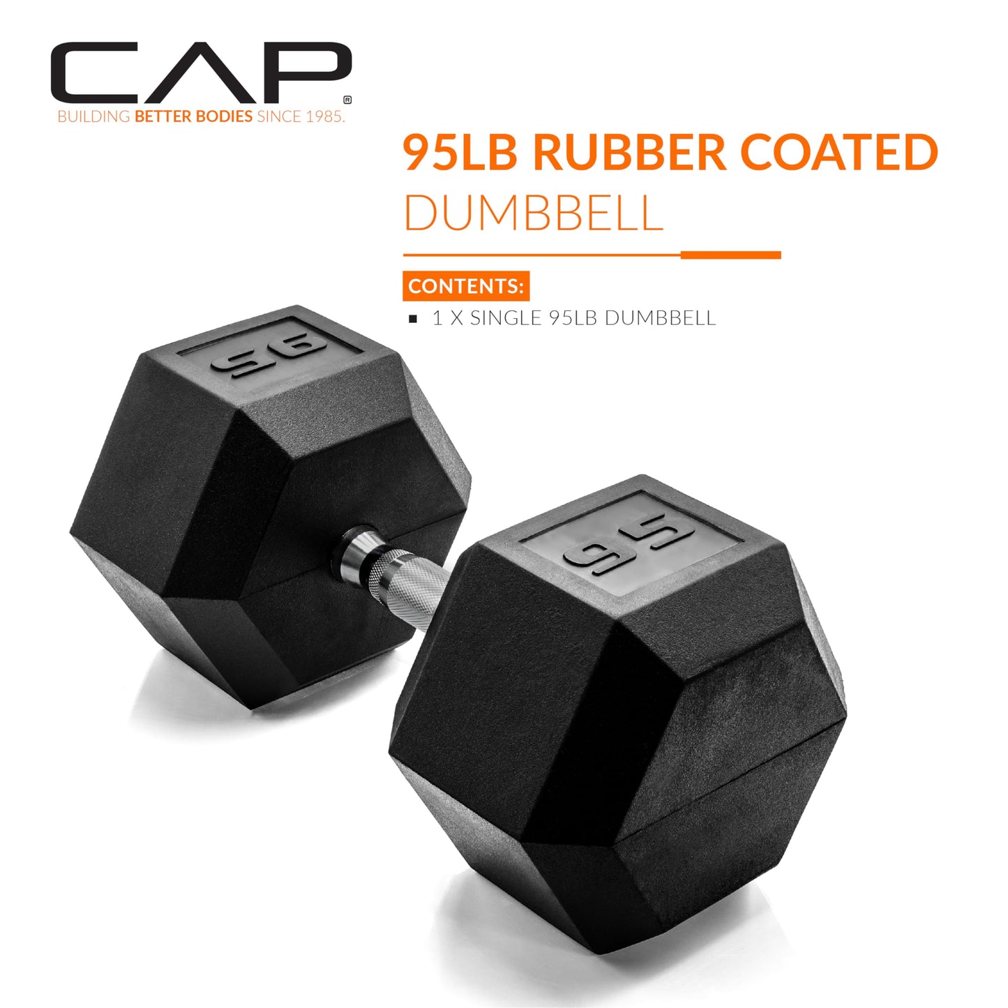 CAP 95 LB Rubber Coated Hex Dumbbell Weight, Rubber Free Weights for Home Gym Strength Training, Chrome Handle, Single