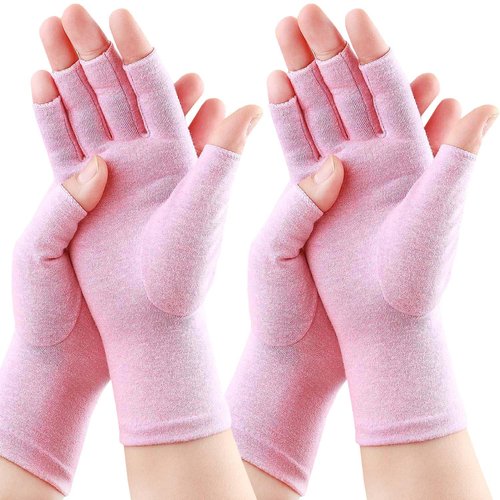 Happymart 2 Pairs Arthritis Gloves for Women for Pain, Compression Gloves for Carpal Tunnel Relief, Rheumatoid Osteoarthritis, Fingerless Gloves for Women and Men, Typing (Pink, Medium)