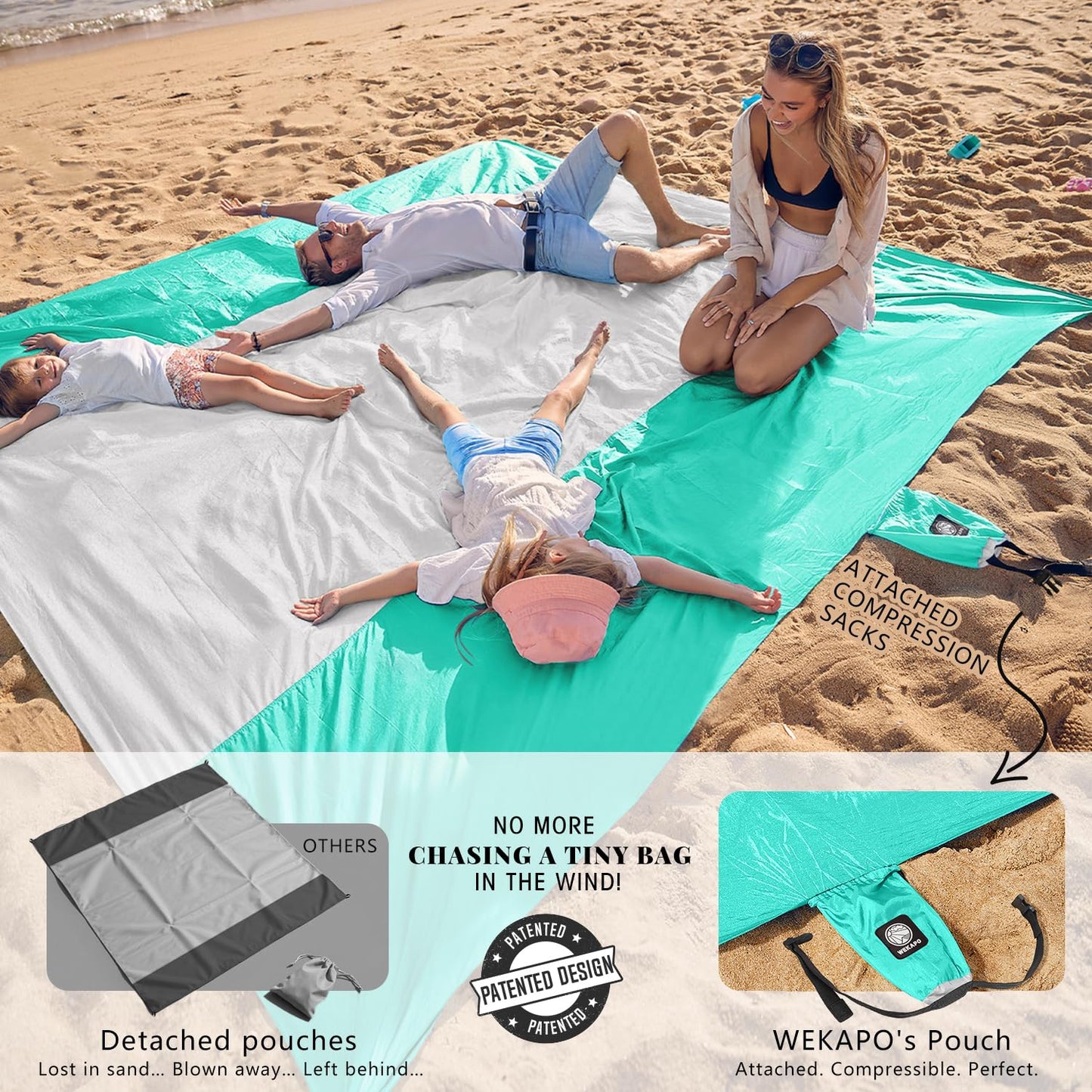WEKAPO Beach Blanket Sandproof Waterproof, Extra Large Beach Mat, Oversized & Compact Sand Free, Quick Drying Beach Essentials for Vacation, Cruise, Picnic & Camping with Stakes (Turquoise, 9x7 FT)