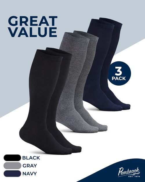 Pembrook Light Cotton Compression Socks for Men - 3 Pairs | Over the Calf Length Support | 8-15 mmHg Compression Socks for Men 9-12, 5-9 | Black, Gray, Navy/Nvy