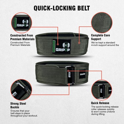 GripUp Self-Locking Weight lifting Belt AUTO LOCK 4 Inch Gym Belt Adjustable Buckle For Fitness Powerlifting Bodybuilding Weightlifting Deadlift Olympic Cross Training Back Support Men & Women (Green, XX-Large)