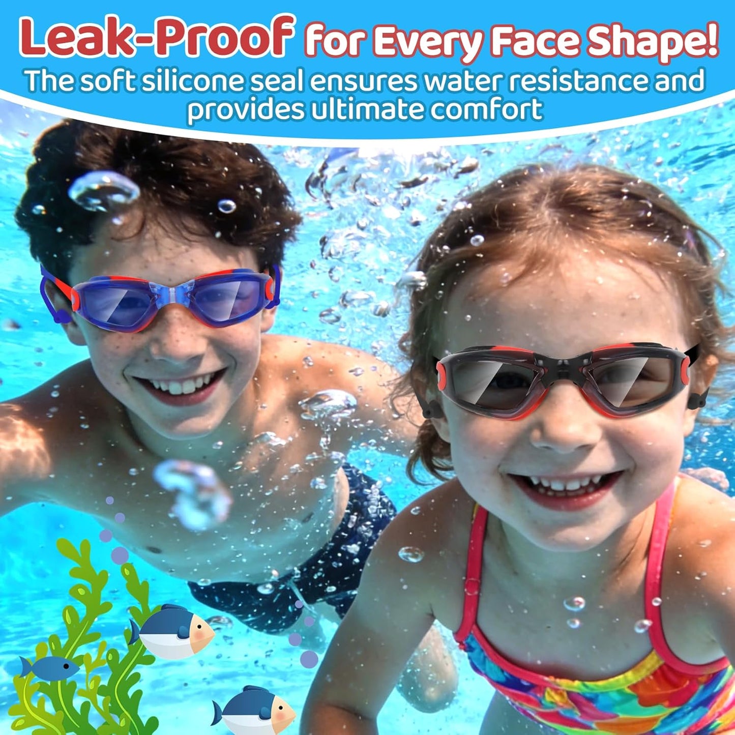 Vvinca Swim Goggles - Anti-Fog UV Protection | No Leak Design for Kids Ages 3-15 (2 Pack)