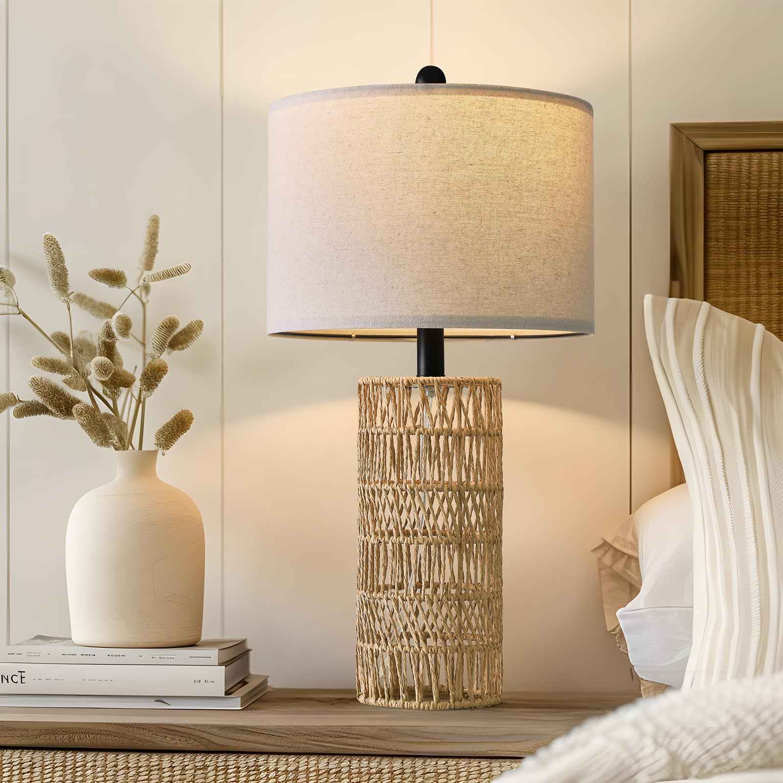 OYEARS 22.5" Boho Table Lamps Set of 2 for Living Room, Bedside Lamp for Nightstands, Rattan Lamp for Bedroom, Farmhouse Table Lamp for Room Decor, End Table, Retro, Brown（Not Include Bulbs）