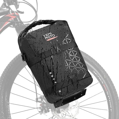 KEMIMOTO Bike Fork Bag, 10L Fully Waterproof Bicycle Front Pannier Bag, Mountain Shoulder Tool Bag with Metal Tray for Ebike Front Rack, Cycling Storage for Side Packing & E-Scooter Accessory (Black)