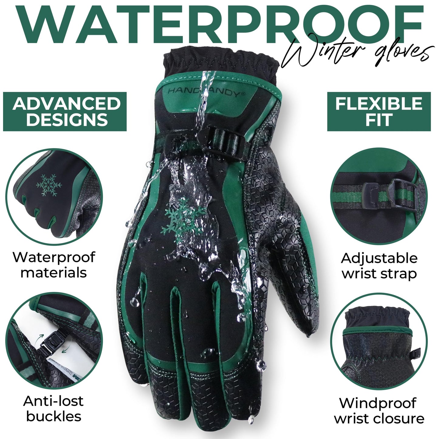 HANDLANDY Winter Work Gloves for Men Women, Warm 3M Thinsulate Insulated Waterproof Thermal Touchscreen Gloves for Cold Weather Working, Hiking, Skiing, Driving (Green, Large)