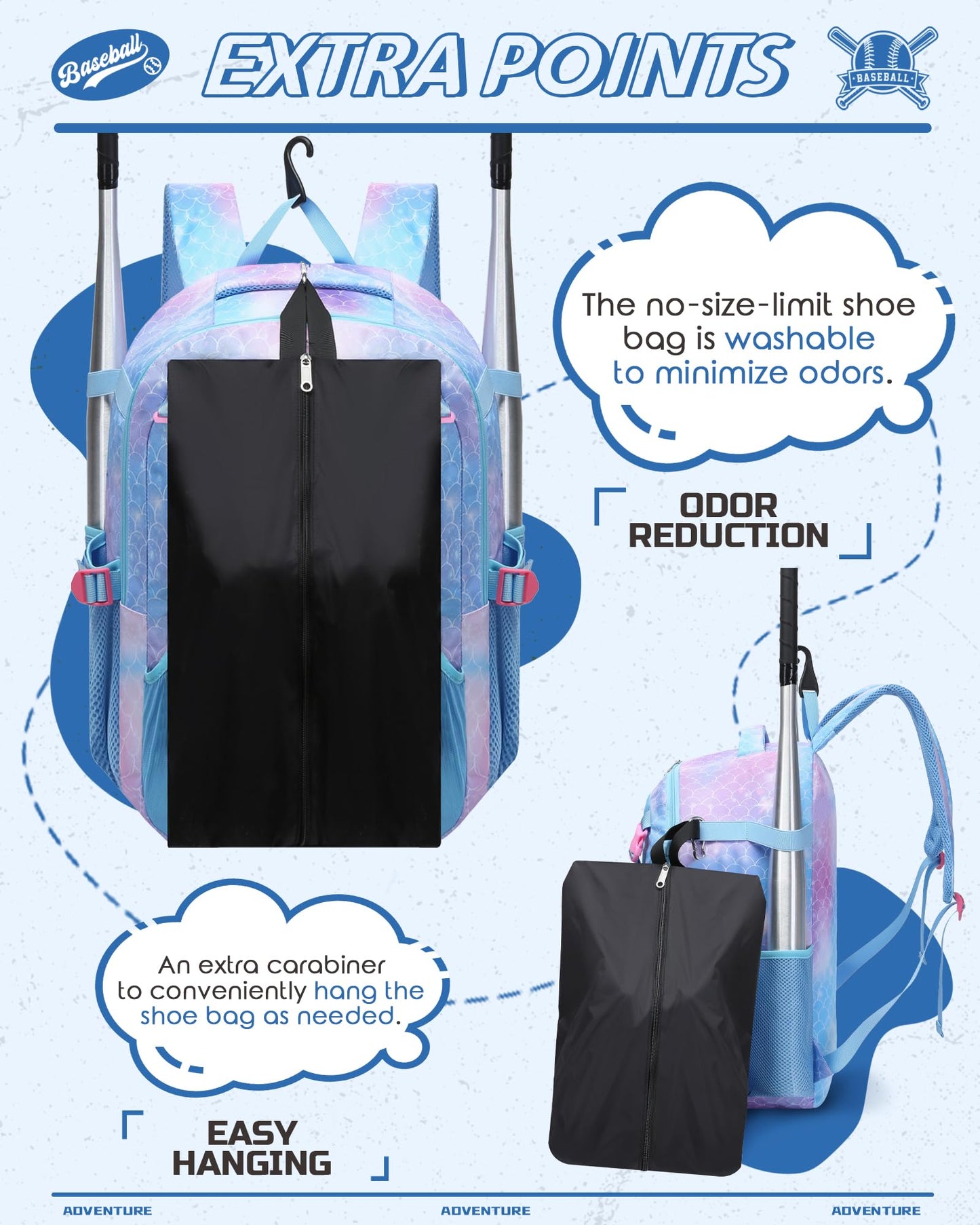 FOKDUVB Baseball Softball Backpack for Kids Boys Girls 6-8 8-12 12-14 Large Youth Bat Bag for Gear Storage Baseball Softball Tball Equipment Back Pack with Separate Shoe Bag (Blue/Purple, Mermaid)