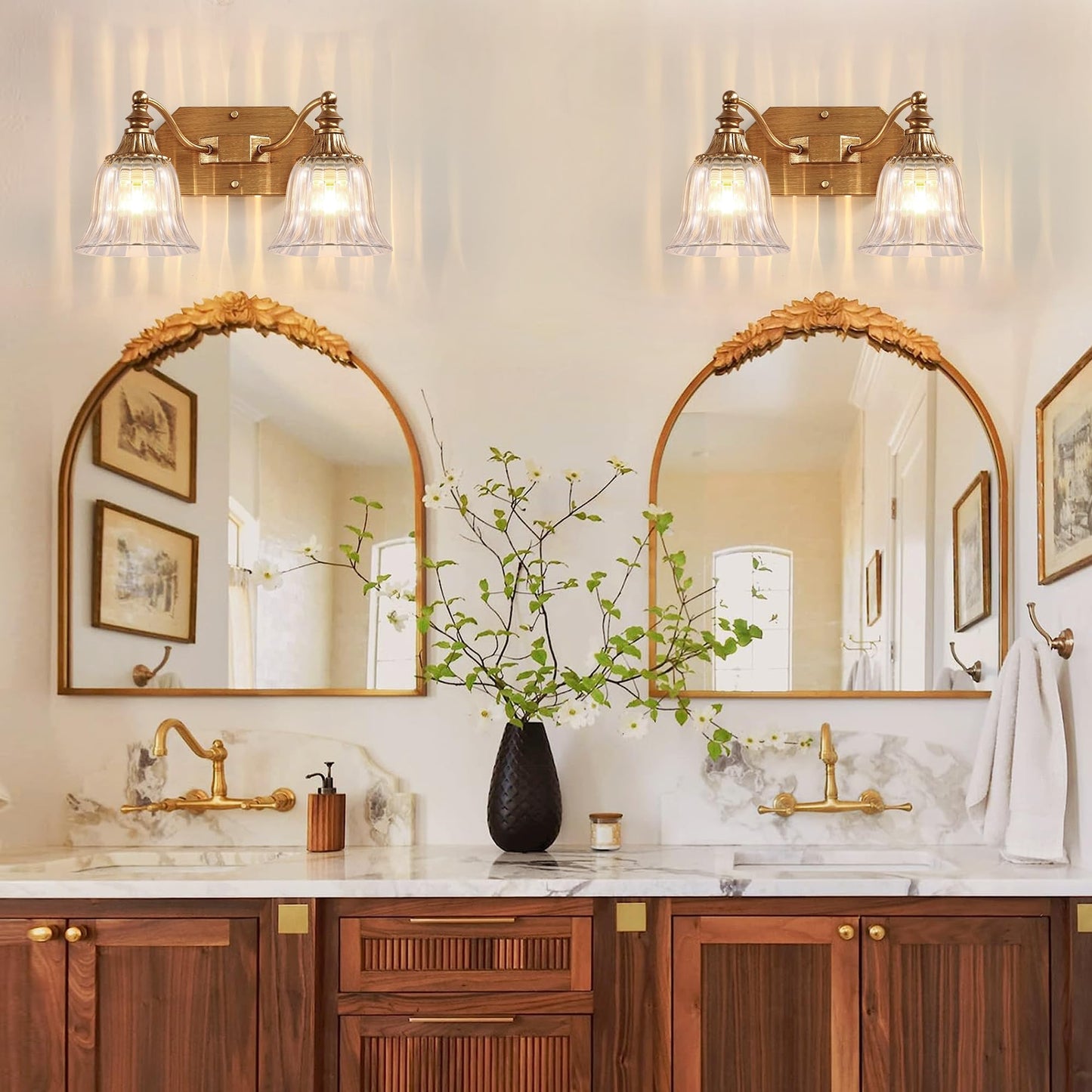 DvmTeom Gold Vintage Bathroom Light Fixtures, 2-Lights Bathroom Vanity Light, Antique Brushed Gold Lighting Fixtures Over Mirror with Crystal Glass Shade, Wall Sconce Lighting