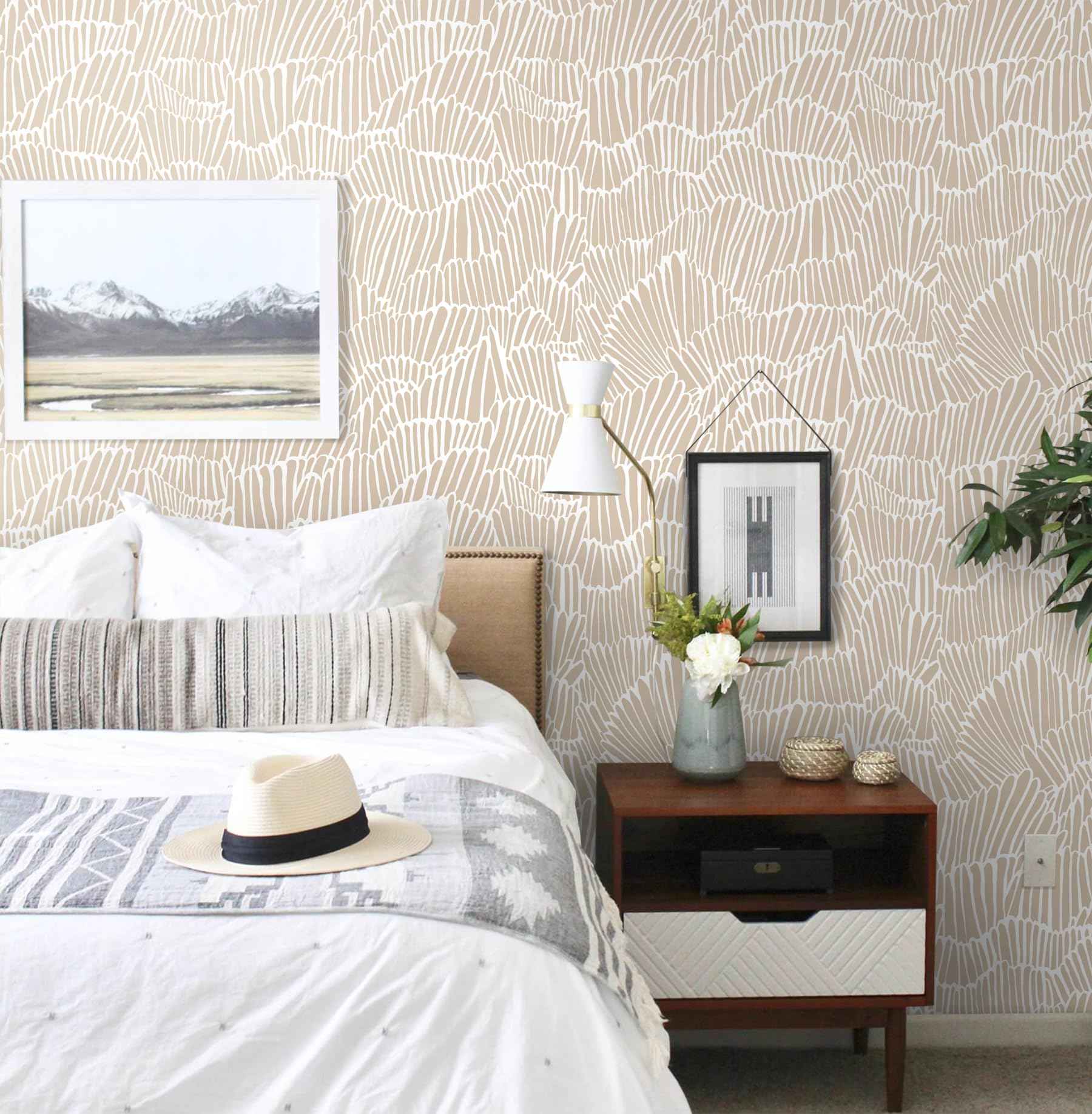 Guvana Beige Peel and Stick Wallpaper Boho Beige and White Contact Paper Modern Striped Self Adhesive Waterproof Wall Paper for Bathroom Bedroom Decor Removable Temporary Rv Wallpaper Roll 17.3"×787"