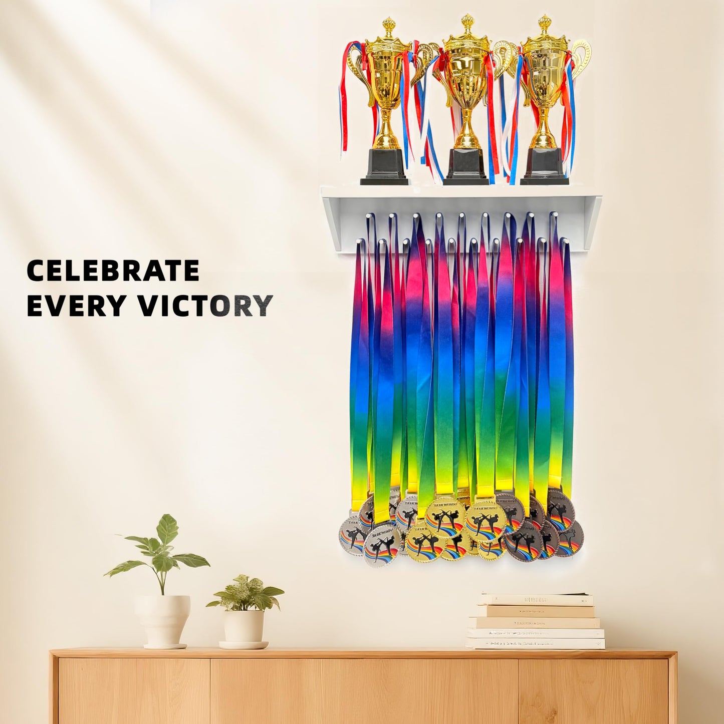Medal Hanger Display and Trophy Shelf with Hooks - Wooden Medal Holder for Wall Mount Ribbon Display, Trophy Display Shelf for Gymnastics, Soccer, Running Race Medals Awards Rack (WHITE, 16")
