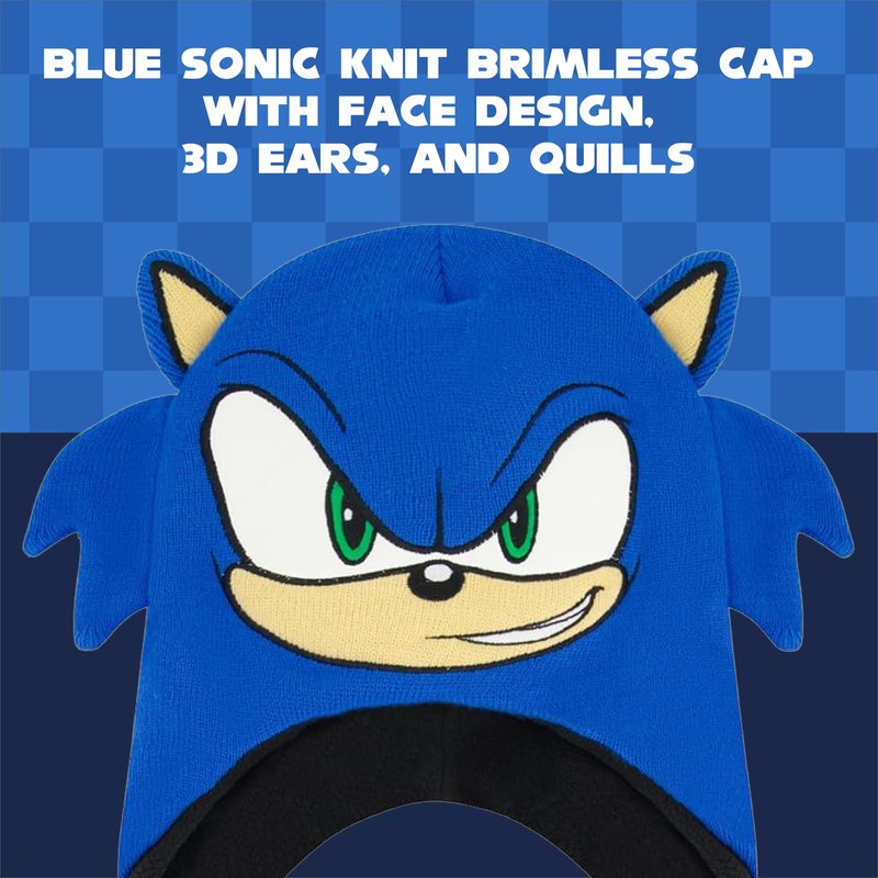 Sonic The Hedgehog Winter Peruvian Knit Beanie, Cuffed Winter Knit Cap, Large Sonic Face with 3D Ears, Blue, One Size