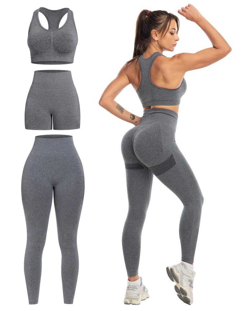 SALSPOR 3 Piece Workout Sets for Women Butt Lifting Leggings with High Impact Sports Bra Gym Shorts Activewear Matching Set(3DWX-Dark Grey-M)