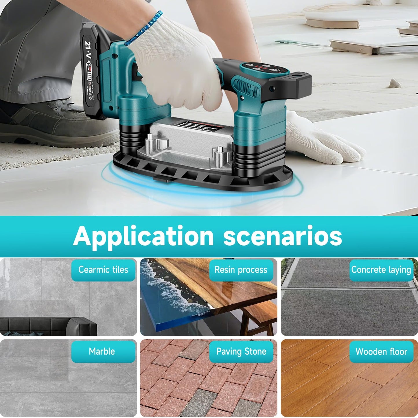 Cordless Tile Vibration Tool, Tile Vibration Leveling Machine with 2 × 1500mah Batteries, Max 28000r/Min 9 Adjust Speed 3-In-1 Portable Tile Suction Cup Tool for Tile, Wood, Floor, Wall