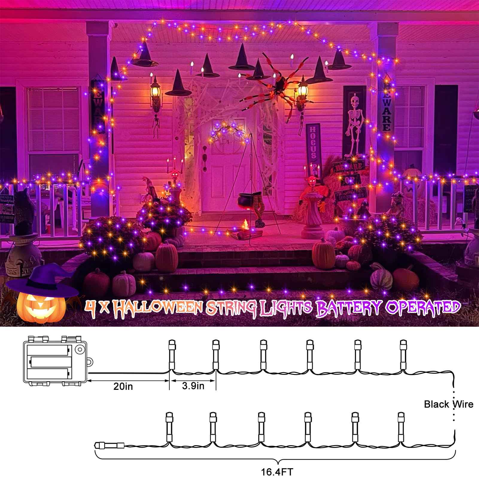 DealBeta 4 Pack Orange Purple Halloween String Lights Battery Operated, Each 16.4Ft 50 LED Indoor Halloween Lights with Timer 8 Modes for Party Yard Patio Decoration